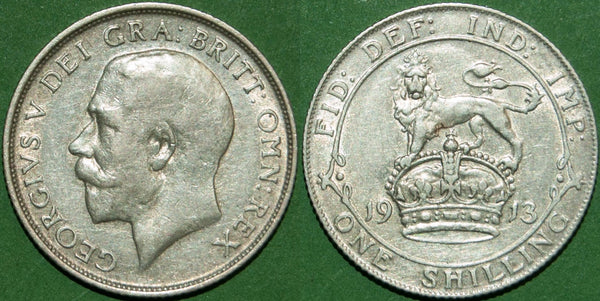 1913 shilling with moderate wear to both sides and very fine. The price is £22.