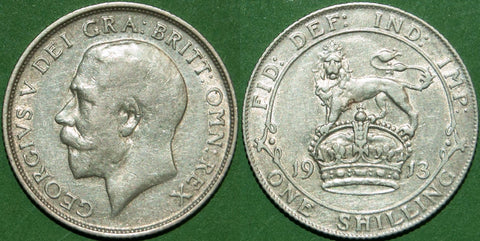 1913 shilling with moderate wear to both sides and very fine. The price is £22.