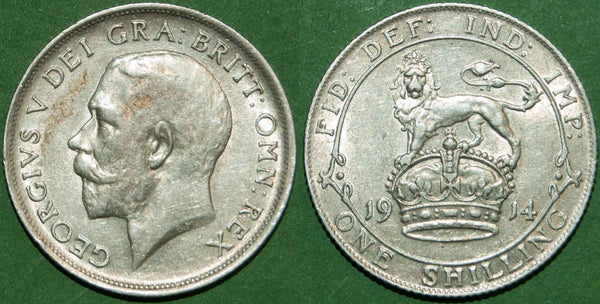 1914 shilling with light wear to the higher points. Lightly toned and a pleasing example. The grade is nearly extremely fine and the price is £30.