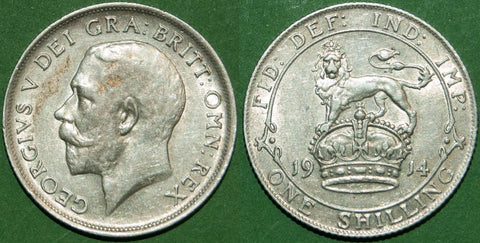 1914 shilling with light wear to the higher points. Lightly toned and a pleasing example. The grade is nearly extremely fine and the price is £30.