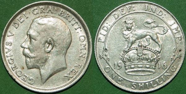 1916 shilling with a little wear to the high points and two small spots to the reverse. Grades extremely fine and the price is £35.