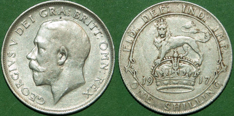 A 1917 shilling with moderate wear to both sides, the reverse a little weakly struck. The grade is almost very fine and the price is £12.