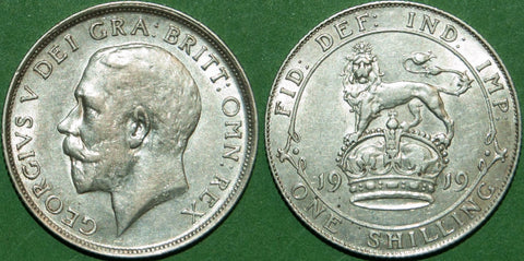 A scarce 1919 shilling with light wear to the higher points and almost extremely fine. The price is £35.