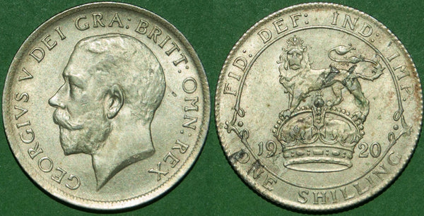 A 1920 second issue shilling with only a trace of friction to a few high points and lamination flaws in the lion's rump. Grades good extremely fine and the price is £50.