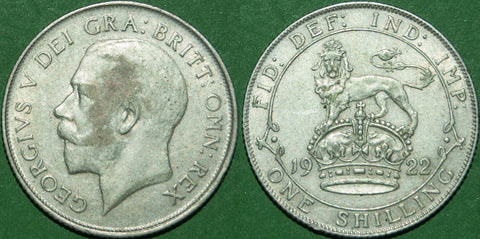 A 1922 shilling with light wear to the bust and considerably less to the reverse. The obverse is good very fine, and the reverse better than extremely fine. The price is £30.