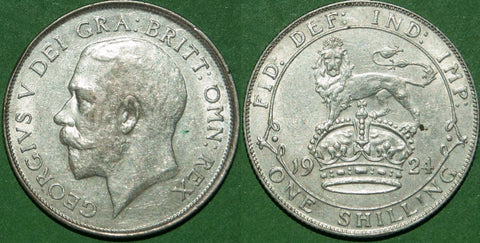 A 1924 shilling with minimal wear and a small verdigris spot by the rear paw. Grades extremely fine or slightly better and the price is £40.