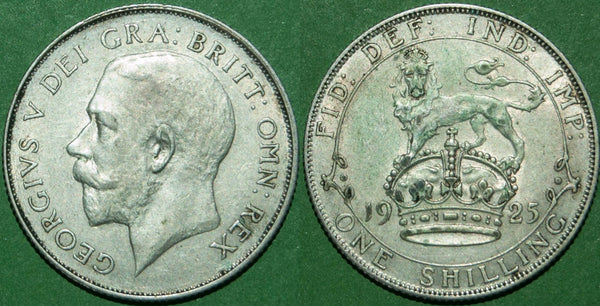 A 1925 shilling with minimal wear, but some deposits on the reverse. These look possible to remove. Grades about extremely fine and the price is £35.