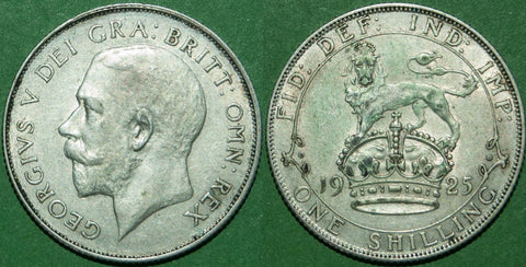 A 1925 shilling with minimal wear, but some deposits on the reverse. These look possible to remove. Grades about extremely fine and the price is £35.