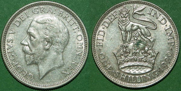 A 1929 shilling with a little wear and marks in the reverse field with a verdigris spot on the crown. Grades extremely fine and the price is £12.