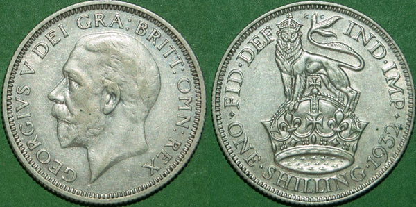 A 1932 shilling with light wear to the high points of both sides. Grades extremely fine and the price is £15.