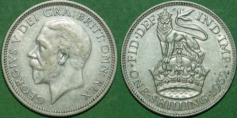 A 1932 shilling with light wear to the high points of both sides. Grades extremely fine and the price is £15.