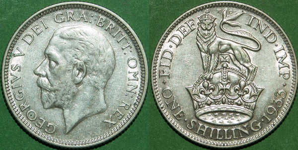 A 1933 shilling with little wear and better than extremely fine. The price is £20.