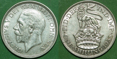 A 1933 shilling with little wear and better than extremely fine. The price is £20.