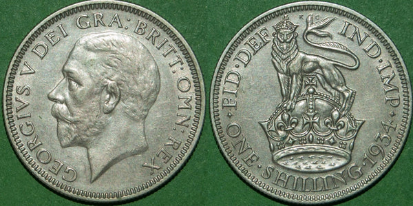 A 1934 shilling with light wear to the high points of both sides. Grades extremely fine and the price is £20.