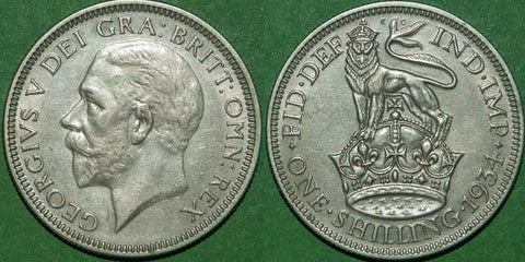 A 1934 shilling with light wear to the high points of both sides. Grades extremely fine and the price is £20.