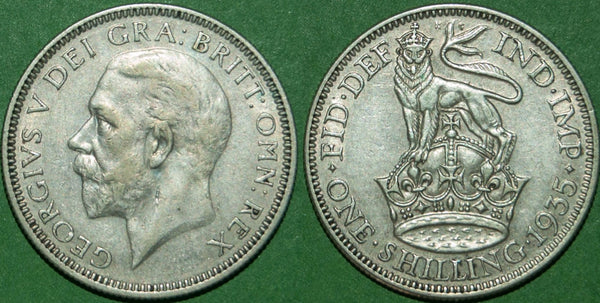 A 1935 shilling with wear to both sides. Good very fine and the price is £10.