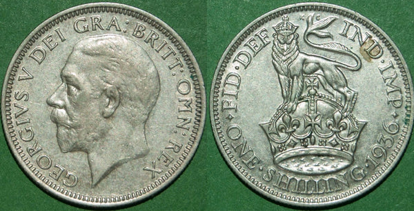 A 1936 shilling with light wear to both sides and toned. Grades extremely fine and the price is £10.