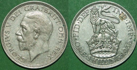 A 1936 shilling with light wear to both sides and toned. Grades extremely fine and the price is £10.