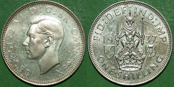 A 1937 proof shilling with the Scottish reverse. Toned, practically as struck. The price is £20.