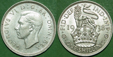 A 1938E shilling, practically as struck and scarce in this condition. The price is £45.