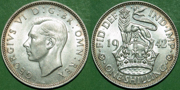 A 1942E shilling with peripheral toning and practically as struck. The price is £22.