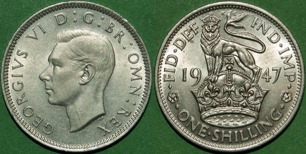 A 1947E shilling, practically as struck. The price is £15.