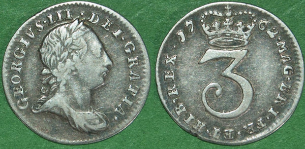 George III 1762 young head silver threepence