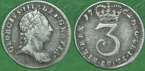 George III 1762 young head silver threepence