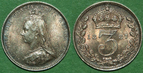 A toned 1887 Jubilee Head threepence