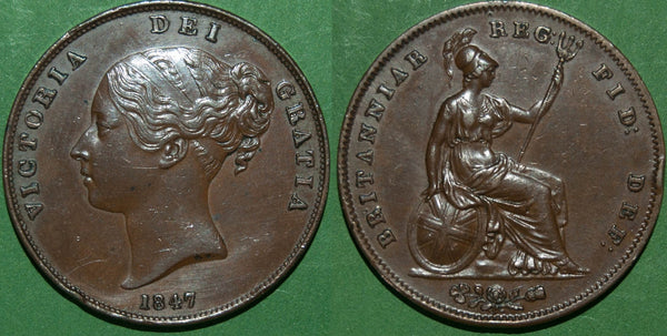 An 1847 Victoria copper penny showing light wear and a few marks to both sides.