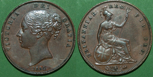 Victoria 1854 copper penny with a plain trident reverse and the obverse struck from a die with extensive cracks showing it was close to failure