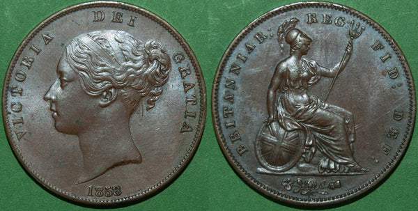 Victoria 1858 copper penny with very slight wear to the high points.