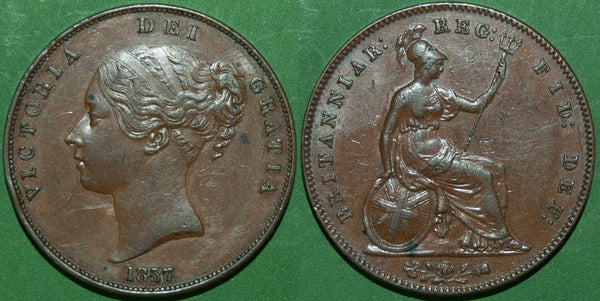 Victoria 1857 copper penny with an ornamental trident reverse