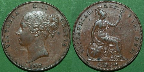 Victoria 1857 copper penny with an ornamental trident reverse