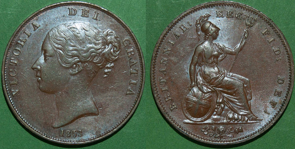 Victoria 1853 copper penny with Britannia holding an ornamental trident on the reverse.