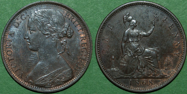 An 1868 bun head penny with some lustre and little wear.