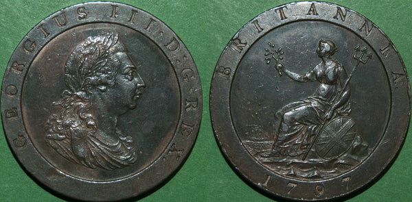 A 1797 Cartwheel penny struck at the Soho Mint with 11 leaves in the laurel wreath.