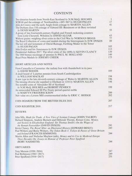 List of contents of the 2018 British Numismatic Journal