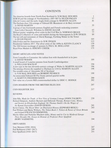 List of contents of the 2018 British Numismatic Journal