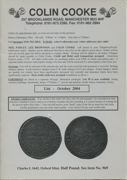 Cover image of Colin Cooke fixed price list for October 2004