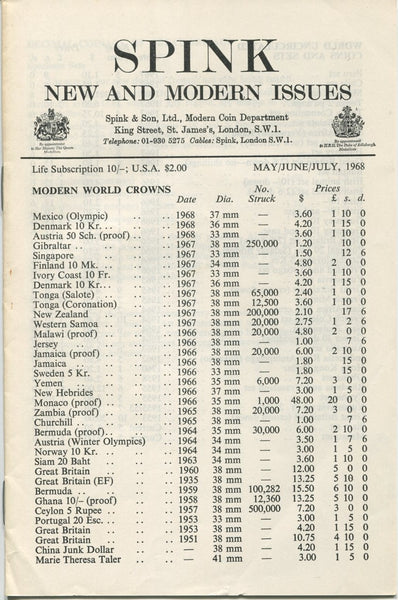Spink's New and Modern Issues fixed price list for May 1968