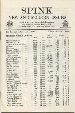 Spink's New and Modern Issues fixed price list for May 1968