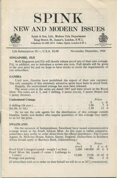 Spink New and Modern Issues fixed price list for November and December 1968