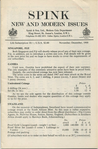 Spink New and Modern Issues fixed price list for November and December 1968