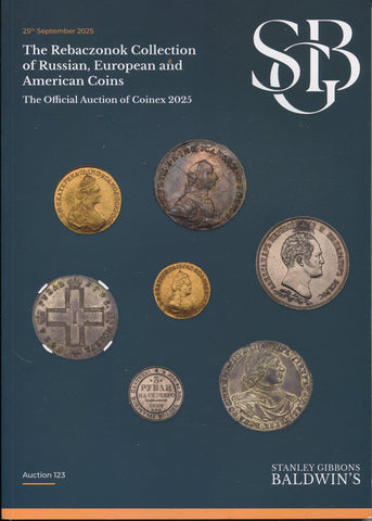 Auction catalog cover for The Rebaczonok Collection of Russian, European, and American Coins with coins displayed on a dark blue background.