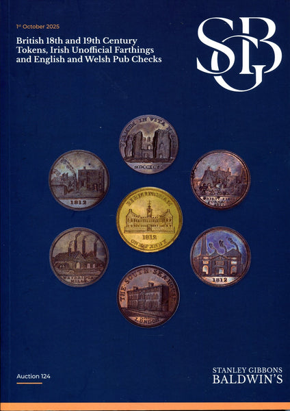 Auction catalogue cover for Baldwin's sale 124 of British Tokens, Unofficiaal Irish farthings and English and Welsh Pub Checks