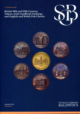 Auction catalogue cover for Baldwin's sale 124 of British Tokens, Unofficiaal Irish farthings and English and Welsh Pub Checks