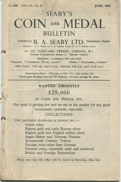 Seaby's Coin and Medal Bulletin for June 1952