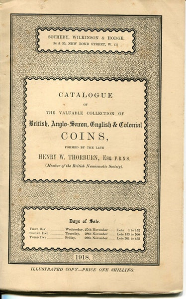 Cover of the Thorburn sale catalogue held by Sotheby from 27-29th November 1918. 452 lots and 4 plates.