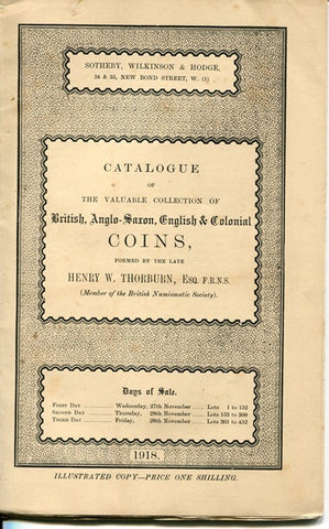 Cover of the Thorburn sale catalogue held by Sotheby from 27-29th November 1918. 452 lots and 4 plates.